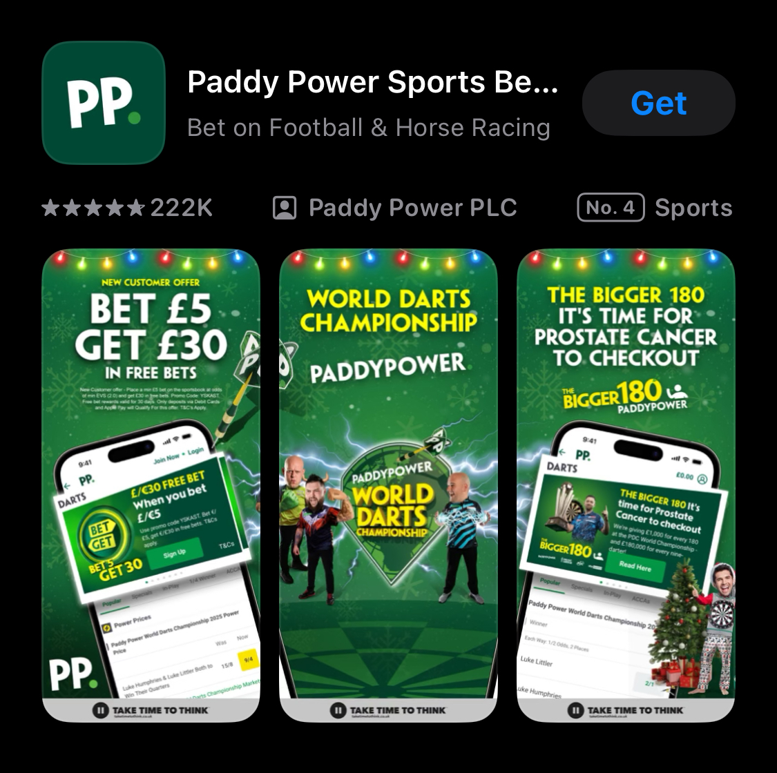 Paddy Power's app shown in the iOS app store